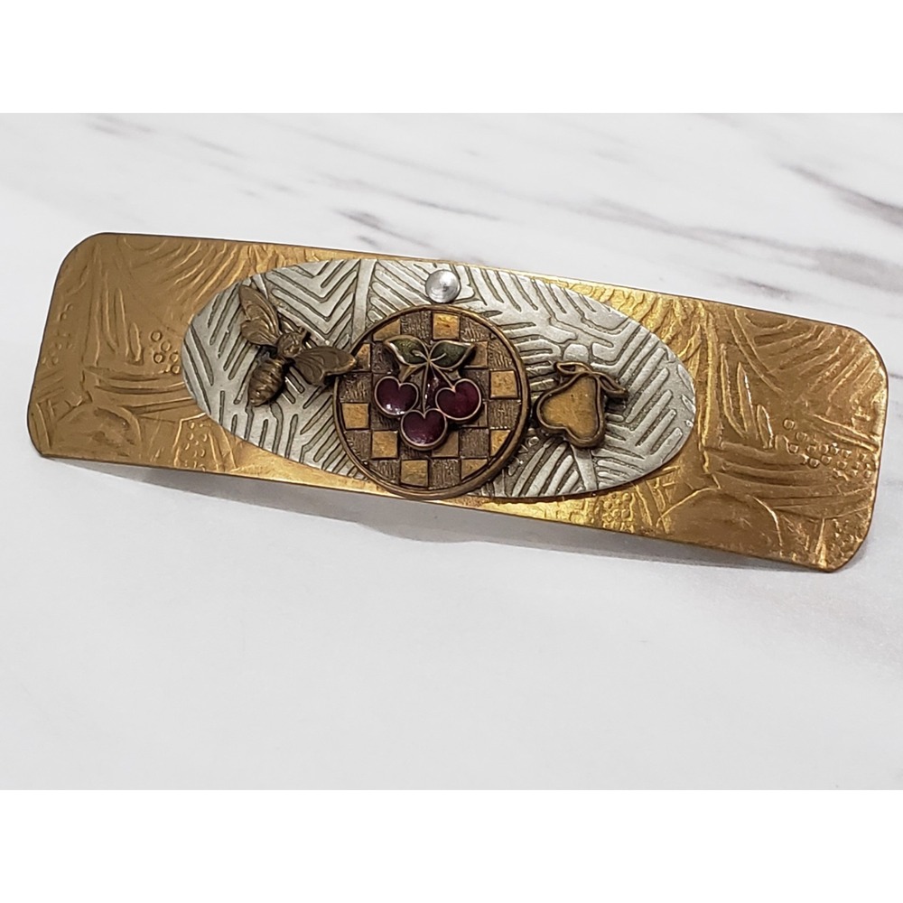 Vintage Hair Barrette Made in France Gold Tone Metal CHERRY BEE art nouveau deco